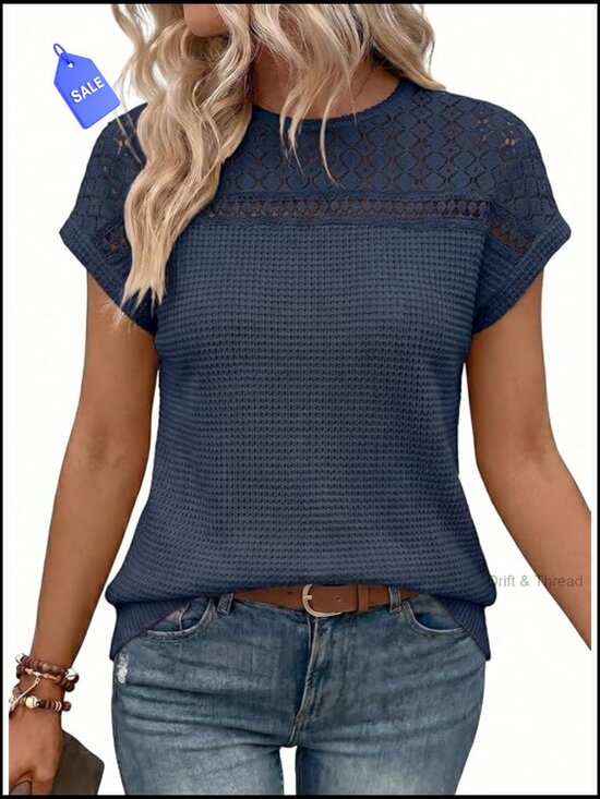 Tops - Women's Short Sleeve Waffle Knit Tunic Blouse